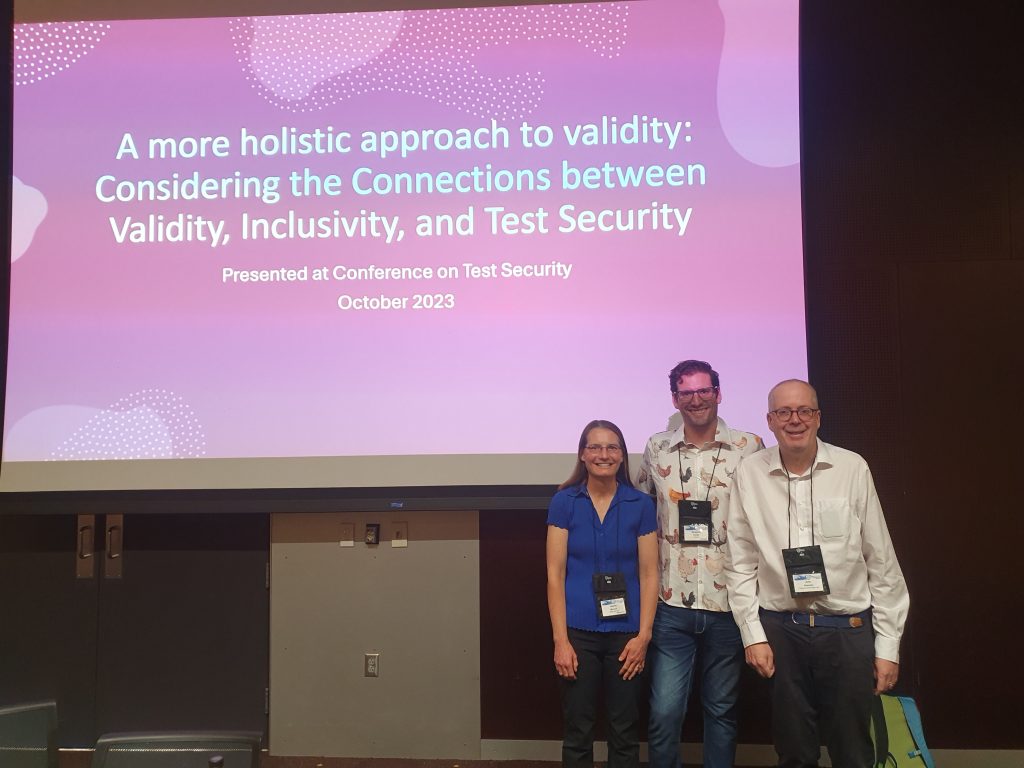 Picture of Liberty Munson, Ben Hunter and John Kleeman presenting at the Conference on Test Security